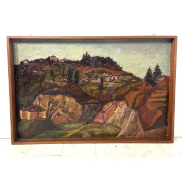 QUADRO DIPINTO OLIO Carlo Monti VEDUTA PAESAGGIO ROCCA ARONA LAGO MAGGIORE 1954