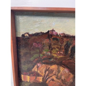 QUADRO DIPINTO OLIO Carlo Monti VEDUTA PAESAGGIO ROCCA ARONA LAGO MAGGIORE 1954