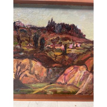 QUADRO DIPINTO OLIO Carlo Monti VEDUTA PAESAGGIO ROCCA ARONA LAGO MAGGIORE 1954