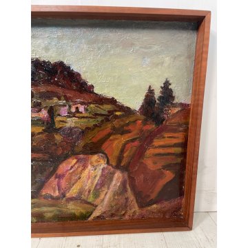 QUADRO DIPINTO OLIO Carlo Monti VEDUTA PAESAGGIO ROCCA ARONA LAGO MAGGIORE 1954