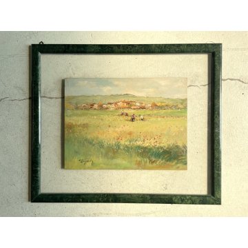 QUADRO DIPINTO OLIO TAVOLA Ciro Canzanella PAESAGGIO RURALE CAMPI FIORITI FIGURE