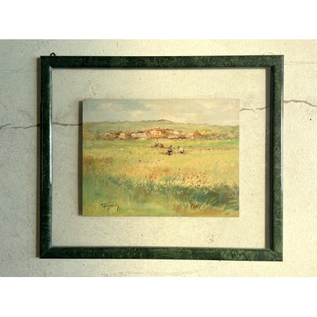 QUADRO DIPINTO OLIO TAVOLA Ciro Canzanella PAESAGGIO RURALE CAMPI FIORITI FIGURE