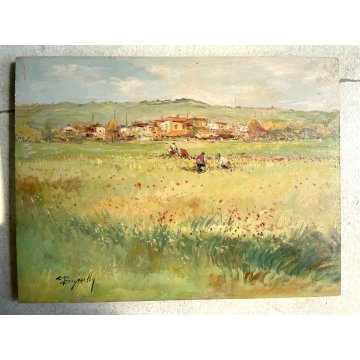 QUADRO DIPINTO OLIO TAVOLA Ciro Canzanella PAESAGGIO RURALE CAMPI FIORITI FIGURE