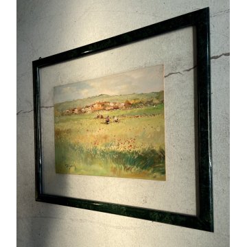 QUADRO DIPINTO OLIO TAVOLA Ciro Canzanella PAESAGGIO RURALE CAMPI FIORITI FIGURE