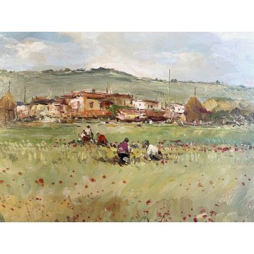 QUADRO DIPINTO OLIO TAVOLA Ciro Canzanella PAESAGGIO RURALE CAMPI FIORITI FIGURE