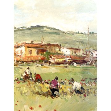 QUADRO DIPINTO OLIO TAVOLA Ciro Canzanella PAESAGGIO RURALE CAMPI FIORITI FIGURE