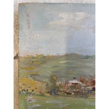 QUADRO DIPINTO OLIO TAVOLA Ciro Canzanella PAESAGGIO RURALE CAMPI FIORITI FIGURE