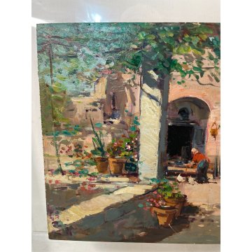 QUADRO DIPINTO OLIO TAVOLA Ciro Canzanella VEDUTA SCORCIO ANTICA PIAZZA FIORI