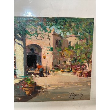 QUADRO DIPINTO OLIO TAVOLA Ciro Canzanella VEDUTA SCORCIO ANTICA PIAZZA FIORI