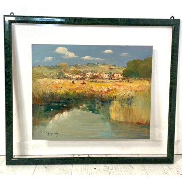 QUADRO DIPINTO OLIO TAVOLA Ciro Canzanella PAESAGGIO CAMPI FIORI PAESE LAGHETTO