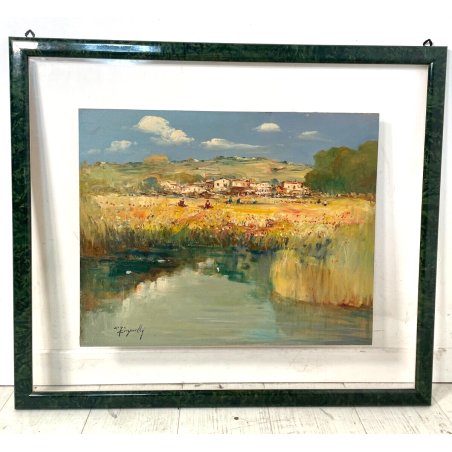 QUADRO DIPINTO OLIO TAVOLA Ciro Canzanella PAESAGGIO CAMPI FIORI PAESE LAGHETTO