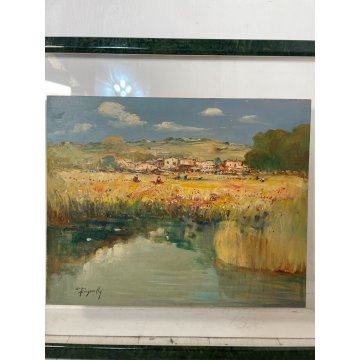 QUADRO DIPINTO OLIO TAVOLA Ciro Canzanella PAESAGGIO CAMPI FIORI PAESE LAGHETTO