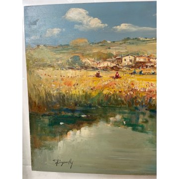 QUADRO DIPINTO OLIO TAVOLA Ciro Canzanella PAESAGGIO CAMPI FIORI PAESE LAGHETTO