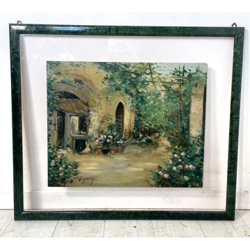 QUADRO DIPINTO OLIO TAVOLA Ciro Canzanella VEDUTA SCORCIO CORTILE FIORITO '900