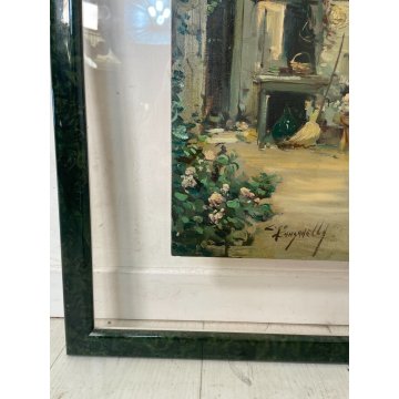 QUADRO DIPINTO OLIO TAVOLA Ciro Canzanella VEDUTA SCORCIO CORTILE FIORITO '900