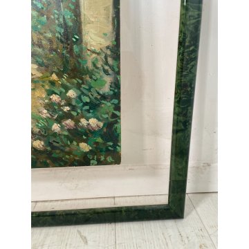 QUADRO DIPINTO OLIO TAVOLA Ciro Canzanella VEDUTA SCORCIO CORTILE FIORITO '900