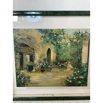 QUADRO DIPINTO OLIO TAVOLA Ciro Canzanella VEDUTA SCORCIO CORTILE FIORITO '900