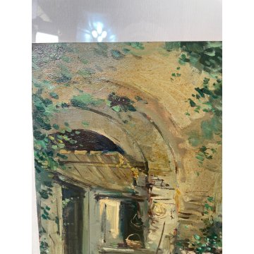 QUADRO DIPINTO OLIO TAVOLA Ciro Canzanella VEDUTA SCORCIO CORTILE FIORITO '900