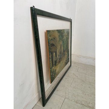 QUADRO DIPINTO OLIO TAVOLA Ciro Canzanella VEDUTA SCORCIO CORTILE FIORITO '900