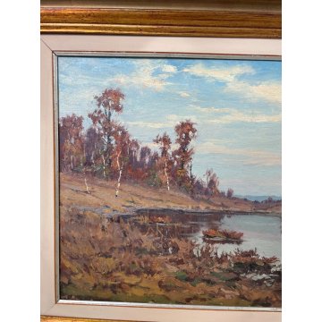 QUADRO DIPINTO OLIO Artino Giroldi PAESAGGIO LACUSTRE AUTUNNALE Lagoni MERCURAGO