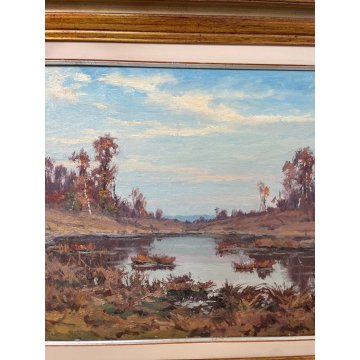 QUADRO DIPINTO OLIO Artino Giroldi PAESAGGIO LACUSTRE AUTUNNALE Lagoni MERCURAGO