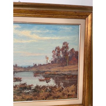 QUADRO DIPINTO OLIO Artino Giroldi PAESAGGIO LACUSTRE AUTUNNALE Lagoni MERCURAGO