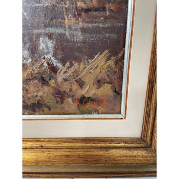 QUADRO DIPINTO OLIO Artino Giroldi PAESAGGIO LACUSTRE AUTUNNALE Lagoni MERCURAGO