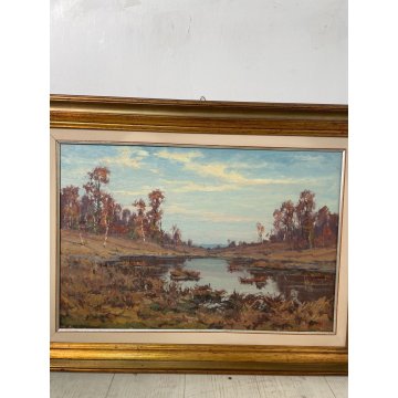 QUADRO DIPINTO OLIO Artino Giroldi PAESAGGIO LACUSTRE AUTUNNALE Lagoni MERCURAGO