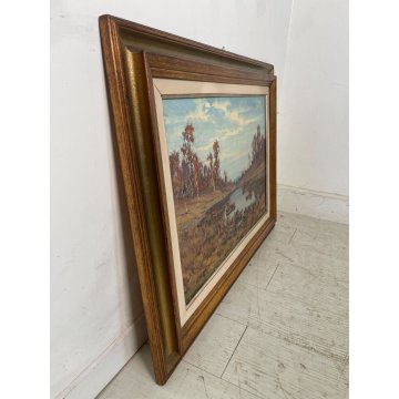 QUADRO DIPINTO OLIO Artino Giroldi PAESAGGIO LACUSTRE AUTUNNALE Lagoni MERCURAGO