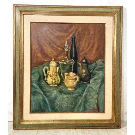 ANTICO QUADRO DIPINTO OLIO TELA ZAPEDRO NATURA MORTA BROCCA BOTTIGLIA VINO VITE