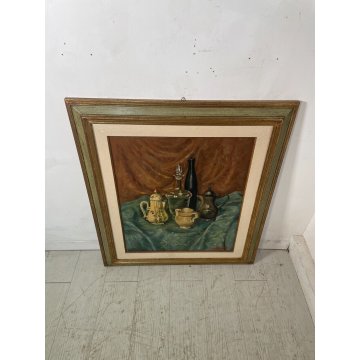 ANTICO QUADRO DIPINTO OLIO TELA ZAPEDRO NATURA MORTA BROCCA BOTTIGLIA VINO VITE