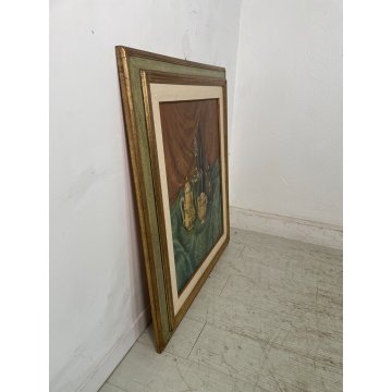 ANTICO QUADRO DIPINTO OLIO TELA ZAPEDRO NATURA MORTA BROCCA BOTTIGLIA VINO VITE