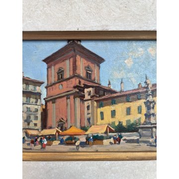 ANTICO DIPINTO OLIO TAVOLA  VEDUTA MERCATO CHIESA San Lazzaro Vecchia Milano