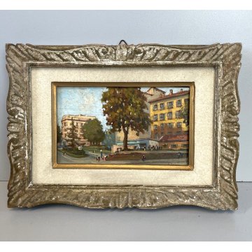 ANTICO DIPINTO OLIO TAVOLA VEDUTA Vecchia Milano VIALE REGINA MARGHERITA 1900