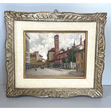 ANTICO DIPINTO OLIO TAVOLA VEDUTA ANTICA Milano Via San Barnaba Alcide Cerise