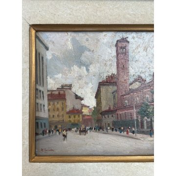 ANTICO DIPINTO OLIO TAVOLA VEDUTA ANTICA Milano Via San Barnaba Alcide Cerise