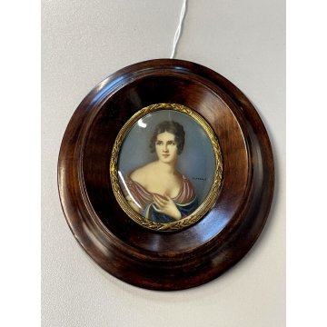 ANTICA MINIATURA RITRATTO nobile donna dipinta CORNICE LEGNO OVALE firmata