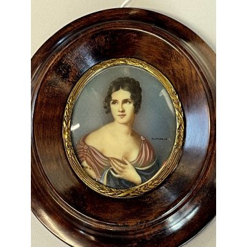 ANTICA MINIATURA RITRATTO nobile donna dipinta CORNICE LEGNO OVALE firmata