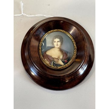 ANTICA MINIATURA RITRATTO nobile donna dipinta CORNICE LEGNO OVALE firmata