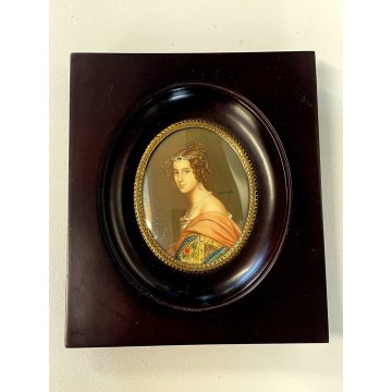 vecchia MINIATURA RITRATTO nobile giovane donna dipinta CORNICE LEGNO ovale