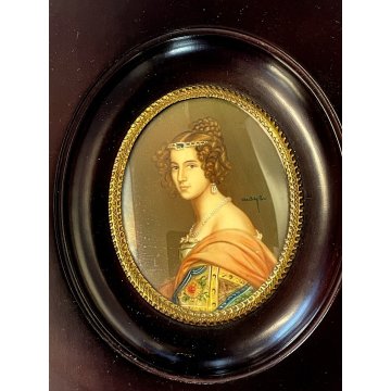 vecchia MINIATURA RITRATTO nobile giovane donna dipinta CORNICE LEGNO ovale