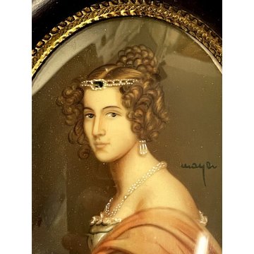 vecchia MINIATURA RITRATTO nobile giovane donna dipinta CORNICE LEGNO ovale