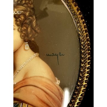 vecchia MINIATURA RITRATTO nobile giovane donna dipinta CORNICE LEGNO ovale