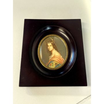 vecchia MINIATURA RITRATTO nobile giovane donna dipinta CORNICE LEGNO ovale