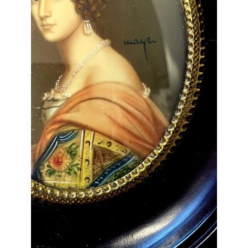 vecchia MINIATURA RITRATTO nobile giovane donna dipinta CORNICE LEGNO ovale