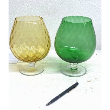 COPPIA GRANDI CALICI VETRO SOFFIATO Empoli VERDE AMBRA BICCHIERI VINTAGE 19,5 cm