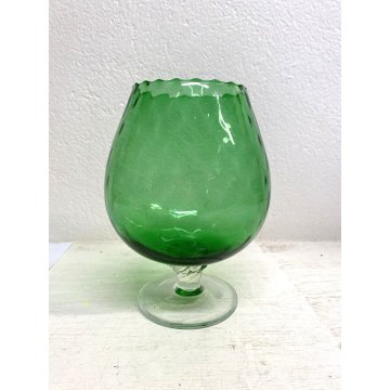 COPPIA GRANDI CALICI VETRO SOFFIATO Empoli VERDE AMBRA BICCHIERI VINTAGE 19,5 cm