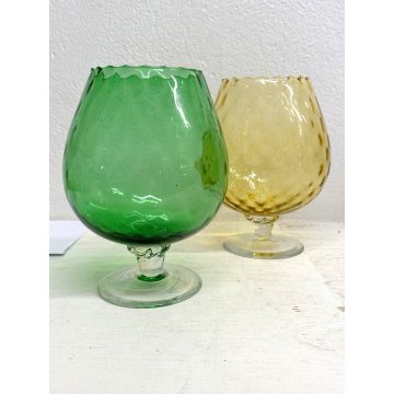 COPPIA GRANDI CALICI VETRO SOFFIATO Empoli VERDE AMBRA BICCHIERI VINTAGE 19,5 cm