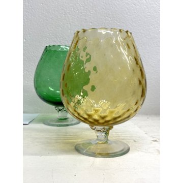 COPPIA GRANDI CALICI VETRO SOFFIATO Empoli VERDE AMBRA BICCHIERI VINTAGE 19,5 cm