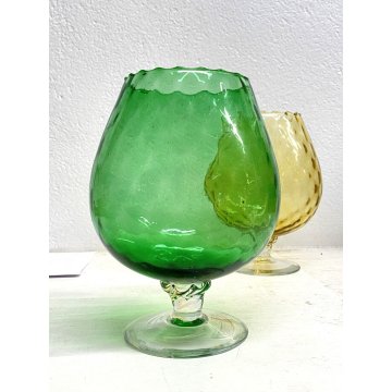 COPPIA GRANDI CALICI VETRO SOFFIATO Empoli VERDE AMBRA BICCHIERI VINTAGE 19,5 cm